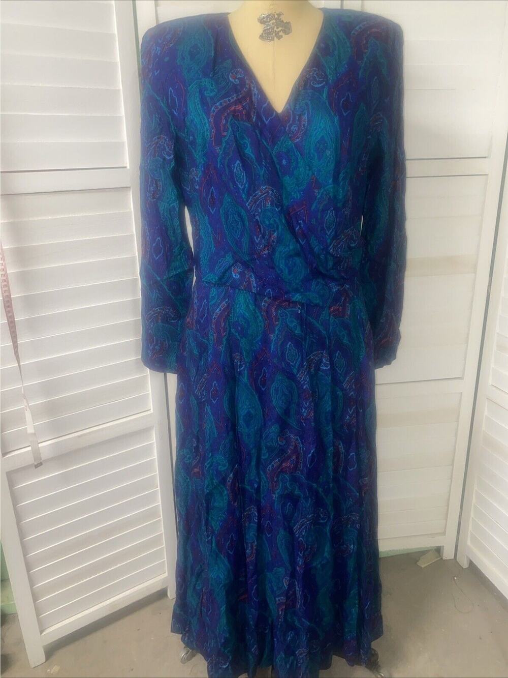 Vintage 80s Saks Fifth Avenue Rayon Jewel Tone Paisley Dress Fit Flare Wrap Lrg